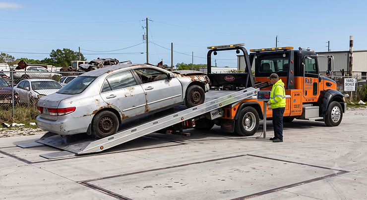 Determining junk car value at Buckeye Auto Salvage in Bellevue, Ohio.